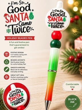 Santa Christmas Hand Crafted Red & Green Holiday Beaded Pen
